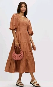 Aere Linen Tiered Dress In Terracotta Size 6 - Picture 1 of 11