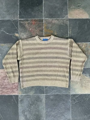 Vintage 80s JcPenney Towncraft Acrylic Boxy Knit Sweater Beige Tan Stripe Medium - Image 1 of 4