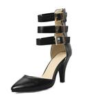 Lady Faux Patent Leather Buckle Strap Back Zip High Heels Pointy Ankle Boots