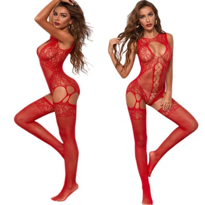 YKLM Sexy Bodystocking Crotchless Red Fishnet Body Stocking Bodysuit Plus Size 6-22