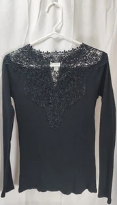 Sundance schwarz gerippt Strick Häkel Spitze Akzent Langarm Shirt Damen XS  - Bild 1 von 7