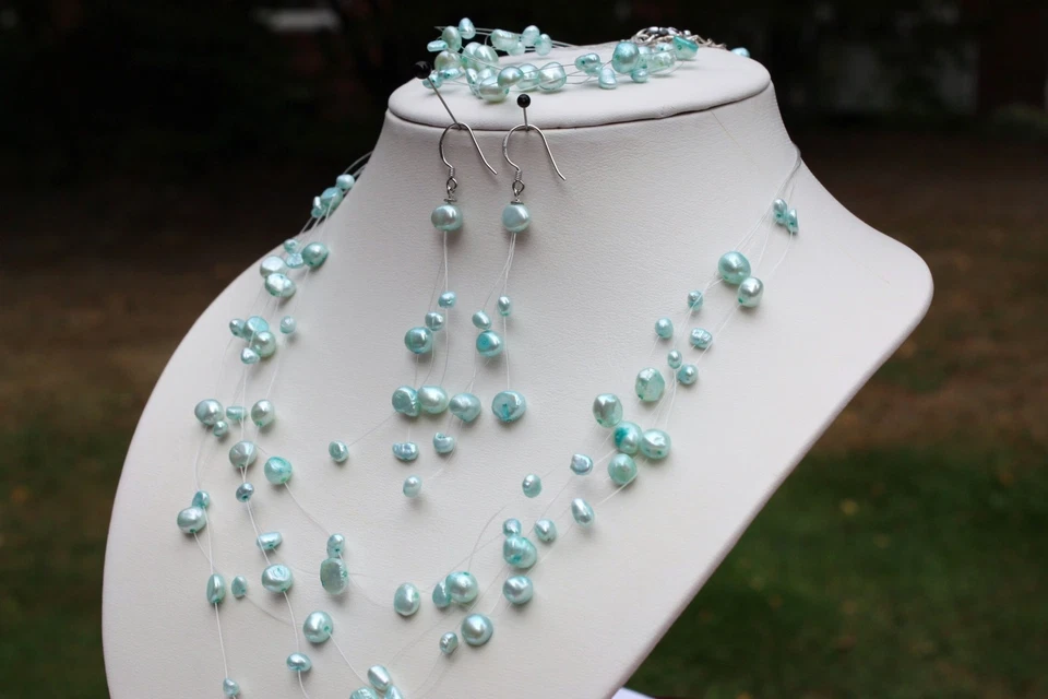 S4 echte Süßwasser Perlen Schmuck Set Ohrringe Armband Collier Blau LightSkyBlue - Bild 1 von 1