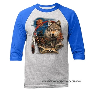 Tribesman Dreamcatcher Native American Wildlife Animals Wolf 3/4 Sleeve Raglan - Picture 1 of 10