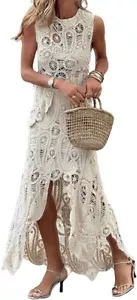 Women Two Pieces Skirt Sets Summer Cut Out Hi-Low Crochet Knit Long Dresses - Picture 1 of 17