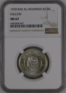 RAS AL KHAIMAH , SILVER 2 1/2 RIYALS 1970 THE FALCON - NGC MS 67 , RAREW - Picture 1 of 2