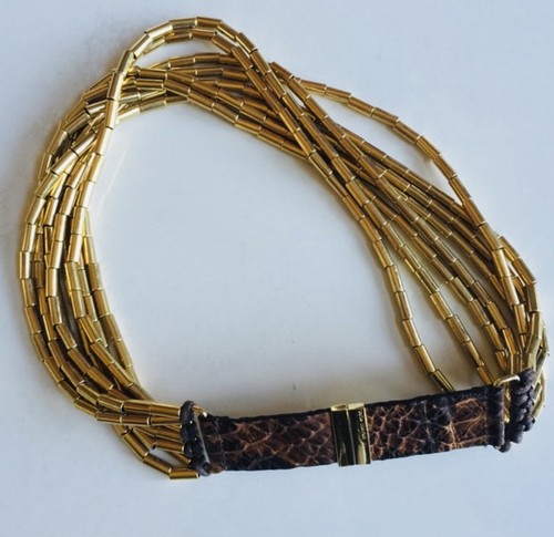 Michael Kors Collana 20"" Perline d'oro serpente in pelle goffrata multi filo $320