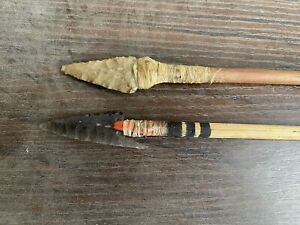 Two Vintage Antique Arrows Arrowheads Feathers Native American Indian Western