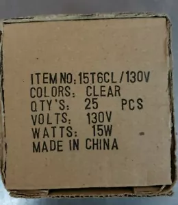 🤡💡💡15w 15T6 Clear Candelabra Base 15T6CL- Tubular Lamp Box of 25 long life - Picture 1 of 2