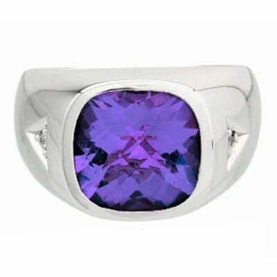 Natural Amethyst Gemstone with 14K White Gold Plated Silver Ring for Men's #165 - Image 1 of 4