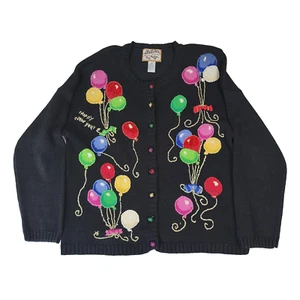 Heirloom Collectibles Cardigan Sweater Size M Black Happy New Year Balloon #1923 - Picture 1 of 20