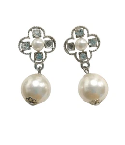 Orecchini pendenti goccia strass trasparenti perle finte vintage pali placcati argento - Foto 1 di 7