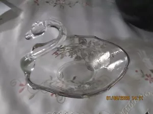 Vintage Mid Century Swan Candy Dish Clear Glass Silver Etched Floral Design - Picture 1 of 6