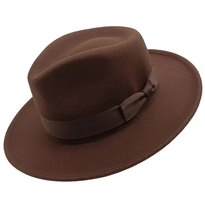 Premium Wool Felt Indiana Jones Fedora Hat w/Grosgrain Band Crushable Outback - Photo 1/4
