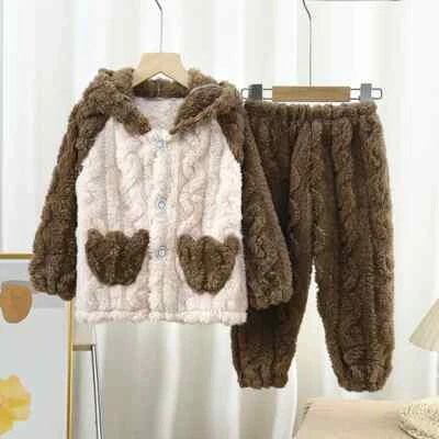 Nuevos conjuntos de pijamas para niños bebés niños niñas ropa gruesa cálida con capucha ropa para dormir lisa Foto 1 de 4