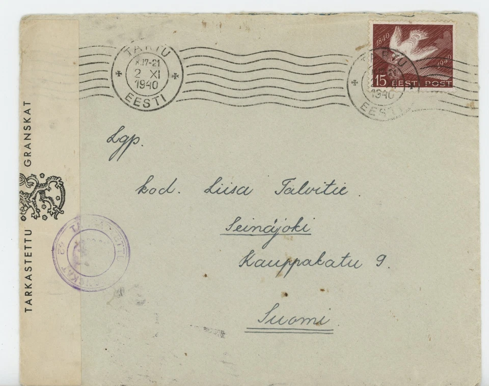 РЕДКОЕ, ПРЕВОСХОДНОЕ ПИСЬМО 1940 ТАРТУ-ЭСТОНИЯ В ФИНЛЯНДИЮ-СУОМИ С ЦЕНЗУРОЙ - Изображение 1 из 3