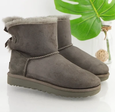 UGG Womens Mini Bailey Bow Boots Size 6 Gray Suede Sherpa Shearling Short Bootie - Image 1 of 4