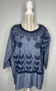Oaxaca Mexican Embroidered Woman’s Tunic Size S/M Navy Blue Boho Top FLAW - Picture 1 of 4