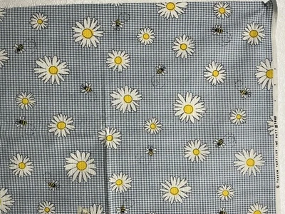 Daisies & Small Bees On Blue Gingham  Pattern Material 2 Single Panel 44” X 30” - Image 1 of 3