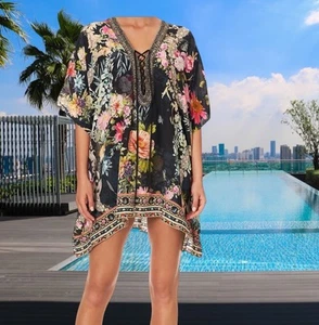 Camilla Hampton Hive Lace Up Embellished Silk Kaftan Swimsuit Cover-up Beach - Picture 1 of 14