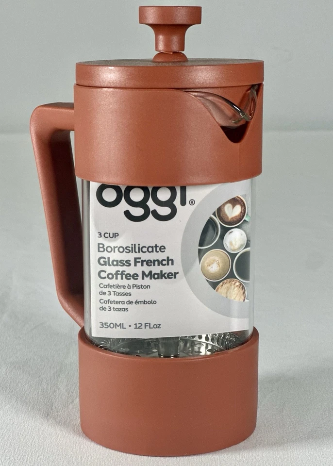 "Cafetera francesa OGGI 3 tazas de vidrio borosilicato 350 ml 12 floz 6"" Ht nueva" Foto 1 de 4