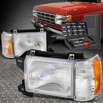 FOR 87-91 FORD F150 F250 F350 BRONCO PAIR CHROME AMBER CORNER HEADLIGHT+TOOL SET - Image 1 of 4