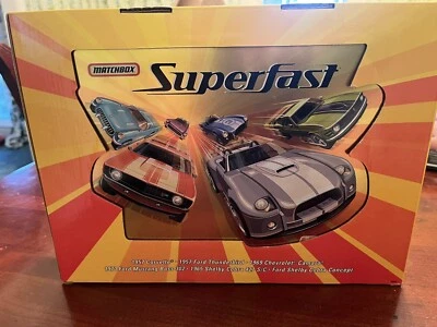 “MATCHBOX” SUPERFAST COLLECTOR TIN with SIX CARS SHELBY COBRA MUSTANG CAMARO MIB - Image 1 of 2