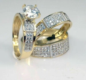 3 Ct Simulated Diamond His & Her Wedding Trio Ring Set 14k Yellow Gold Plated - Picture 1 of 3
