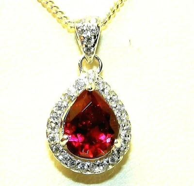 Silver Pendant Necklace Ruby CZ Cluster 925 Sterling Silver Pear 18" Chain - Image 1 of 4