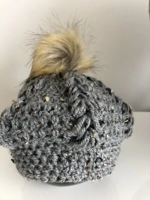 New Baby Boys Winter Warm Crochet Beret Cap with Faux Fur Bobble Aran Yarn Grey  - Image 1 of 4
