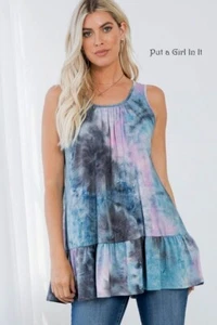 USA New PLUS SIZE SOFT Womens BLUE TIE DYE RUFFLE SHIRT TANK TOP TUNIC 1X 2X 3X - Picture 1 of 7