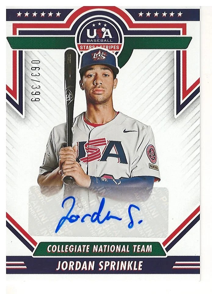 JORDAN SPRINKLE 2022 PANINI TEAM USA STARS & STRIPES RARE SIGNED CARD 63/399 - Image 1 of 1