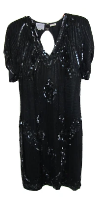 Stenay Size 10 Black Silk Sequins Party Art Deco 1920's Flapper Inspired Dress - Image 1 of 4