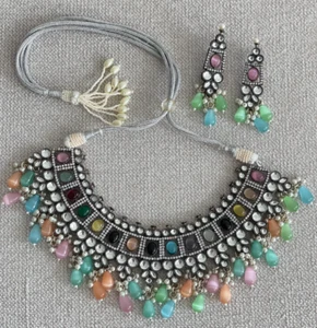 Indian necklace jewelry set for women - antique silver/gunmetal multi - Picture 1 of 1