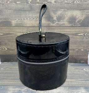 Vintage Mid Century Modern Patent Leather Black Wig Hat Box Holder - Picture 1 of 12