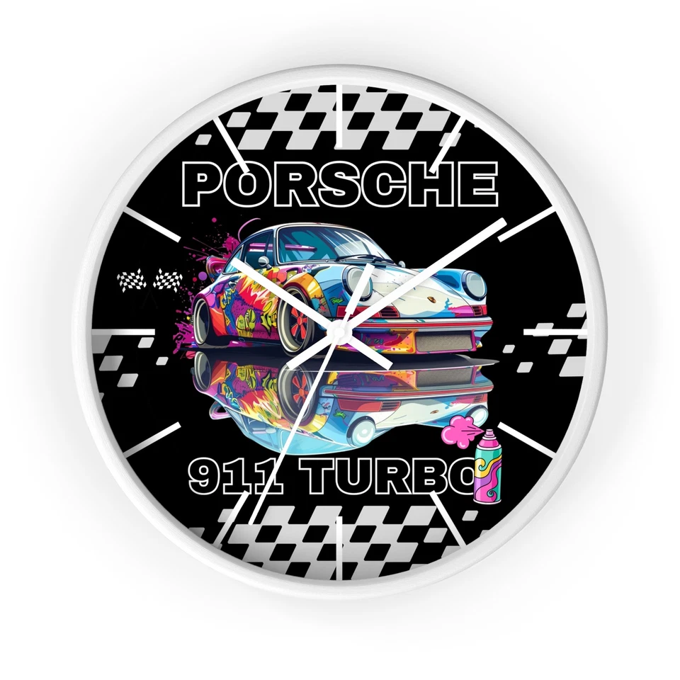 Porsche 911 Turbo цветной поп-арт настенные часы | гонки клетчатый - Изображение 1 из 1