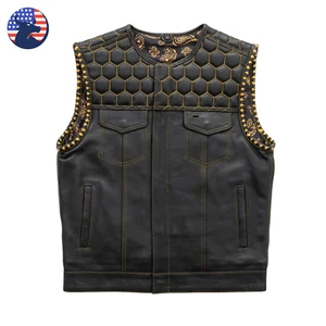 Mens Hornet Hunt Club Biker Leather Vest Black Yellow Diamond Quilted Motorcycle - Picture 1 of 8