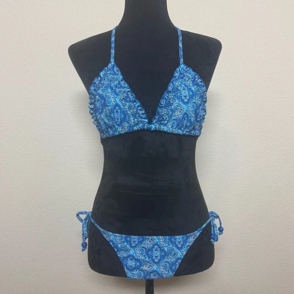 Antiguo Bikini Azul Marino Mujer Pequeño Paisley Volantes Ribete Halter Cuerda Azul Foto 1 de 4