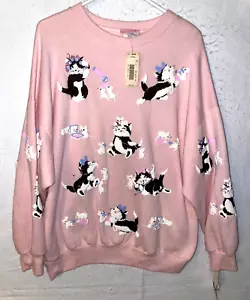 Vintage Sweatshirt Sz L Crew Neck Pullover Granny Kitten Cat Mouse NWT Pink USA - Picture 1 of 9