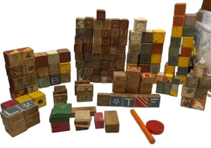 Vintage Mixed Lot of 168 Wood Building Blocks Childrens Alphabet Wooden Toys - Picture 1 of 13