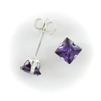 4mm Square CZ Amethyst Purple Post Stud Earrings in SOLID Sterling Silver - NEW! - Image 1 of 4