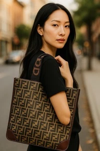 FENDI Zucca tote bag - Brown Black Jacquard Leather Tote Bag leather X03-0358 - Picture 1 of 14