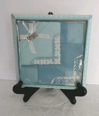 Pañuelos suizos vintage para dama 100 % algodón azul con ribete de encaje caja original Foto 1 de 4