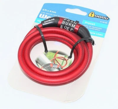 CABO FLEXÍVEL WORDLOCK TRAVA DE BICICLETA, REDEFINIÇÃO LIBERAÇÃO RÁPIDA, CABO VERMELHO 8MM - 5FT   - Imagem 1 de 3