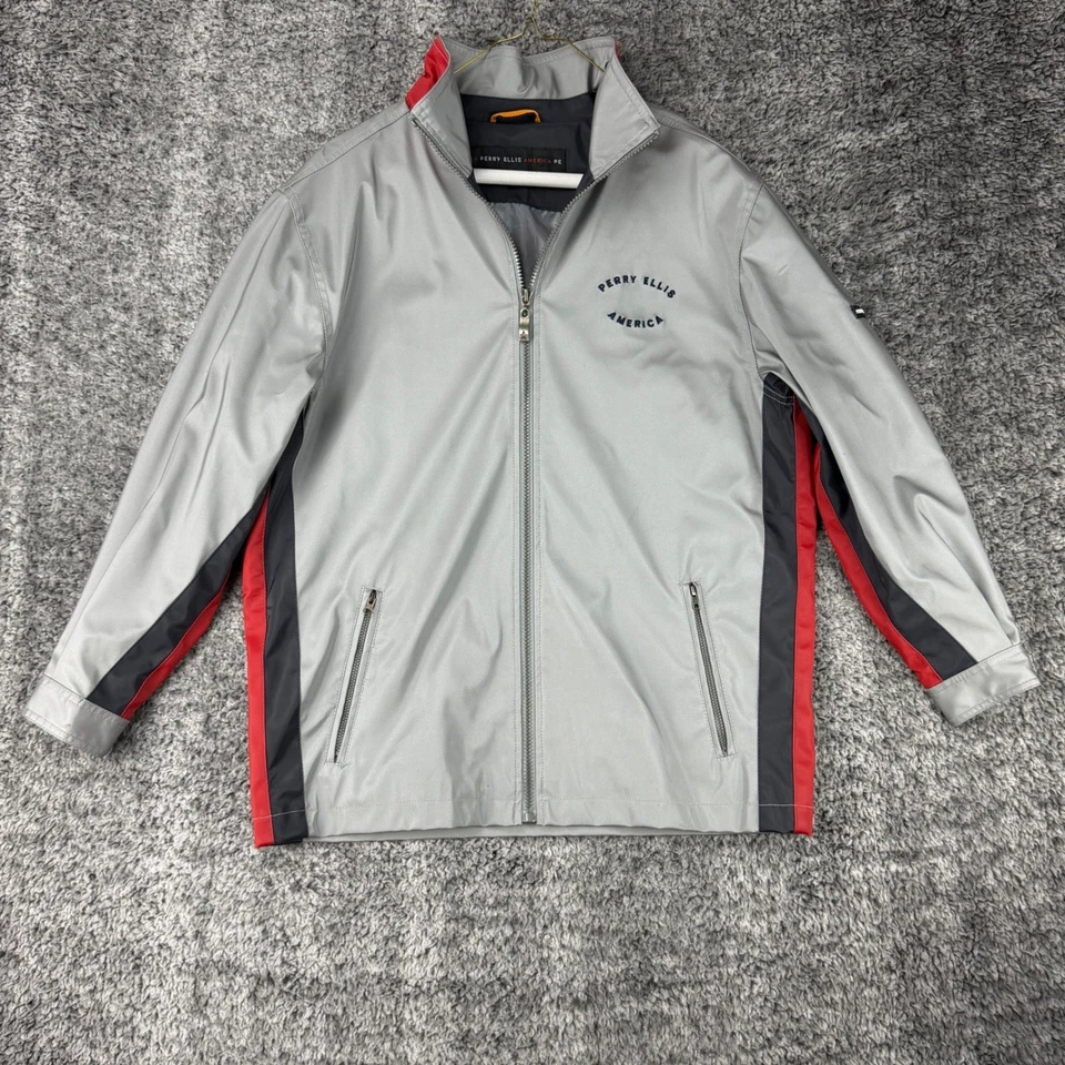 Chaqueta Perry Ellis America Para Hombre Plateada Roja Negra 76 Estados Unidos Gráfico Cremallera L Foto 1 de 4