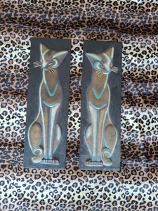 HTF Vintage Pair MCM Burwood Arabesque Siamese Cat Carved Wall Art Plaque - Picture 1 of 7