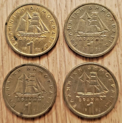 Lot of 4 RARE Greece 1-Drachma Coins (1982, 1982, 1982, 1982) FREE SHIPPING - Image 1 of 2