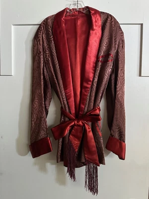 Vintage 1950's Men's Smoking Jacket Robe,, Brown Swirl with Red Satin Trim - Image 1 of 2
