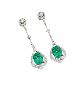 12.86TCW Prong Set Green Emerald & Simulated Sapphire Dangler Women's Earrings - Picture 1 of 6