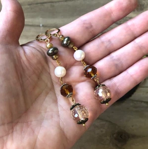 Long Crystal & Pearl Earrings. Long Dangly Beaded Earrings VINTAGE Style Boho - Picture 1 of 16