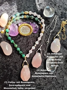 Asym. Kette Collier ROSENQUARZ SMARAGDQUARZ MOOSACHAT Geburtsstein STIER ua verg - Bild 1 von 16
